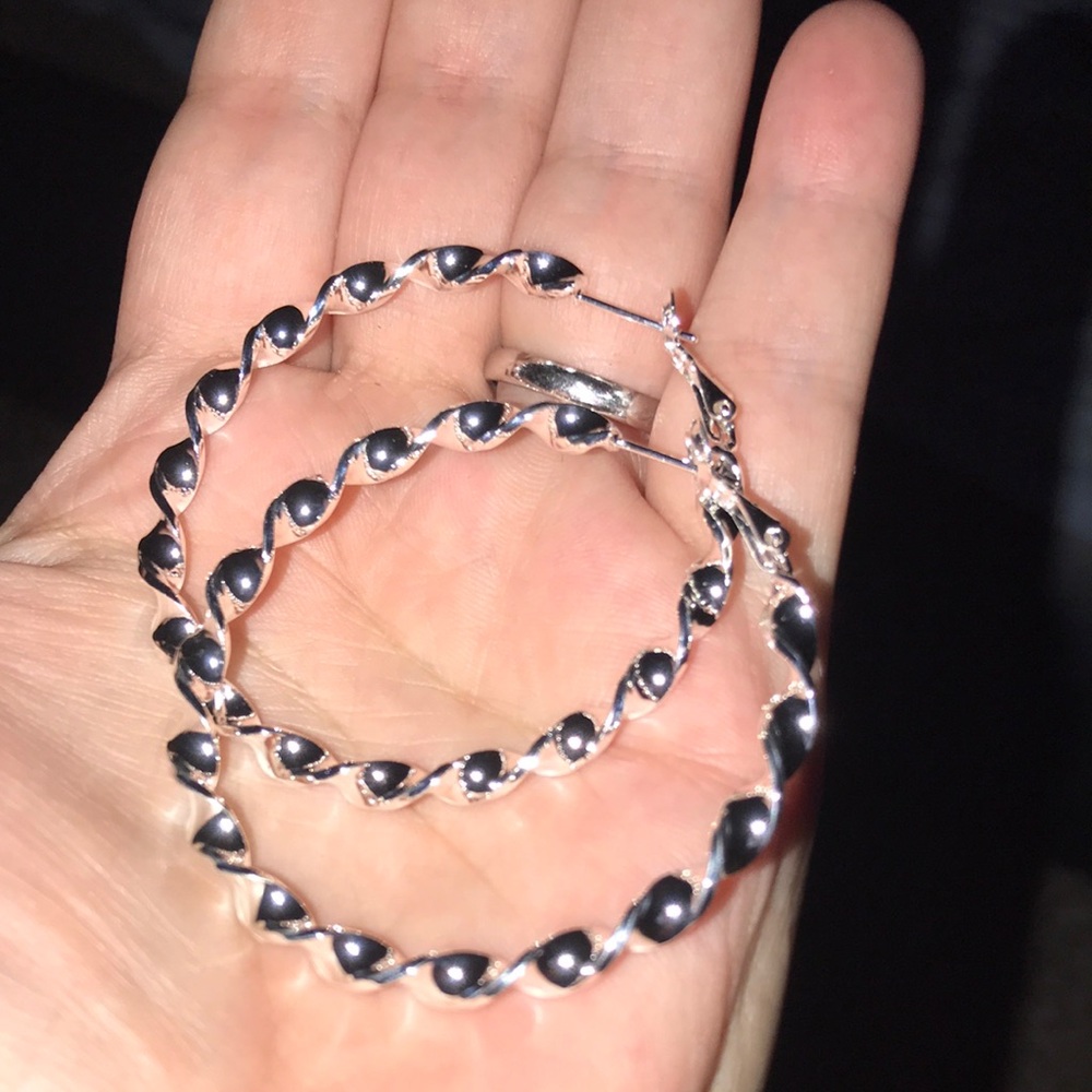 Silver-Tone Twisted Hoop Earrings - Black Accent